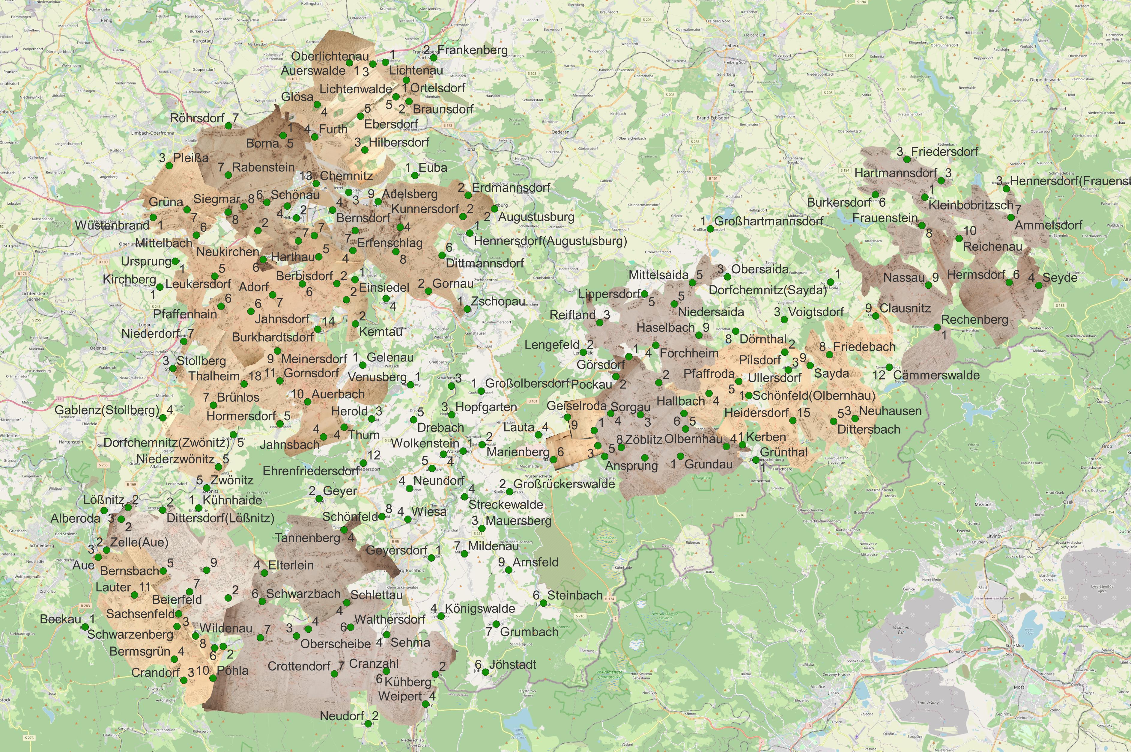 Ortschaften mit Anzahl der Jagdstallungen und den georeferenzierten Übersichtsrißen